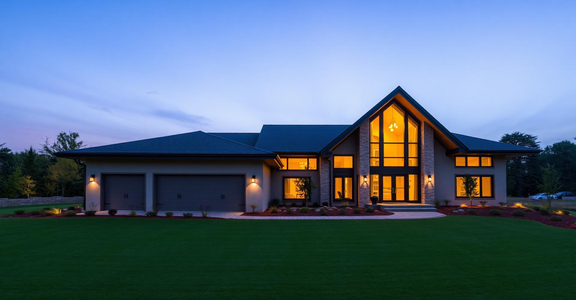 A modern home glowing at dusk