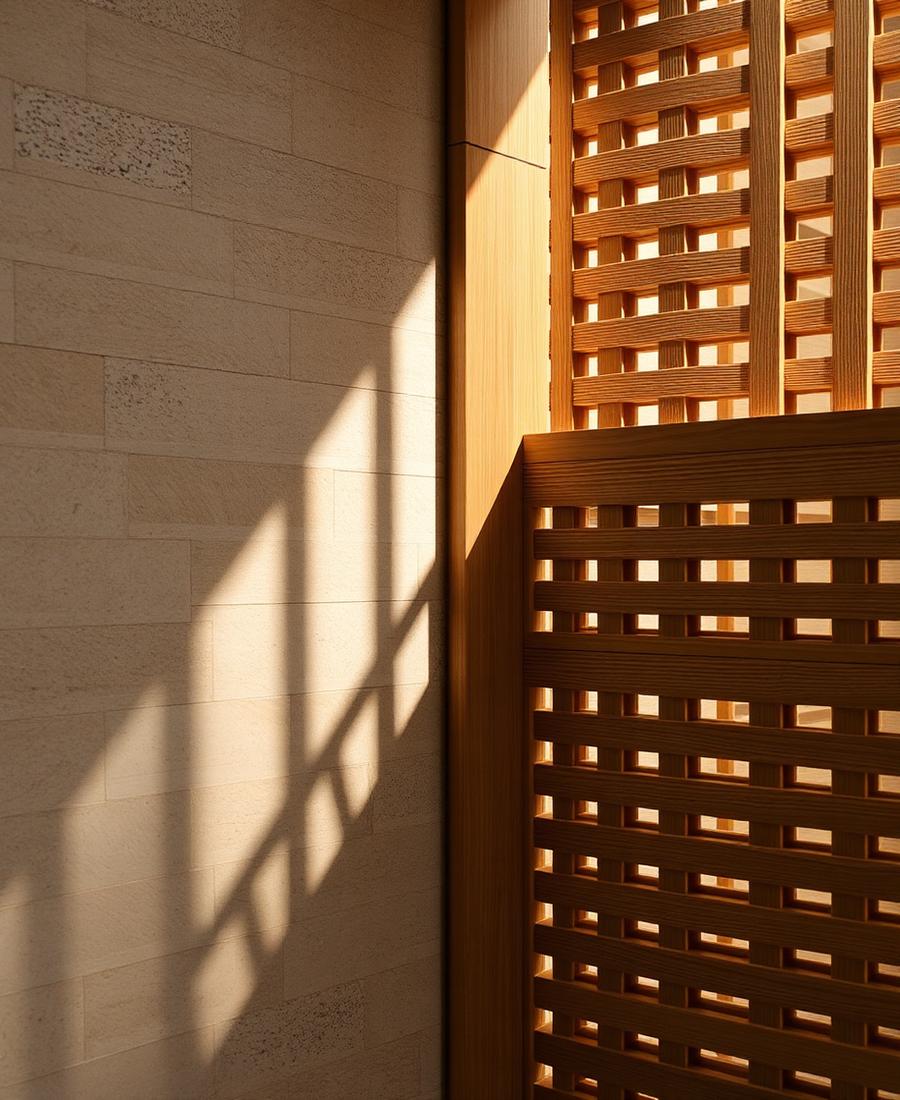 Detail of stone and timber screen