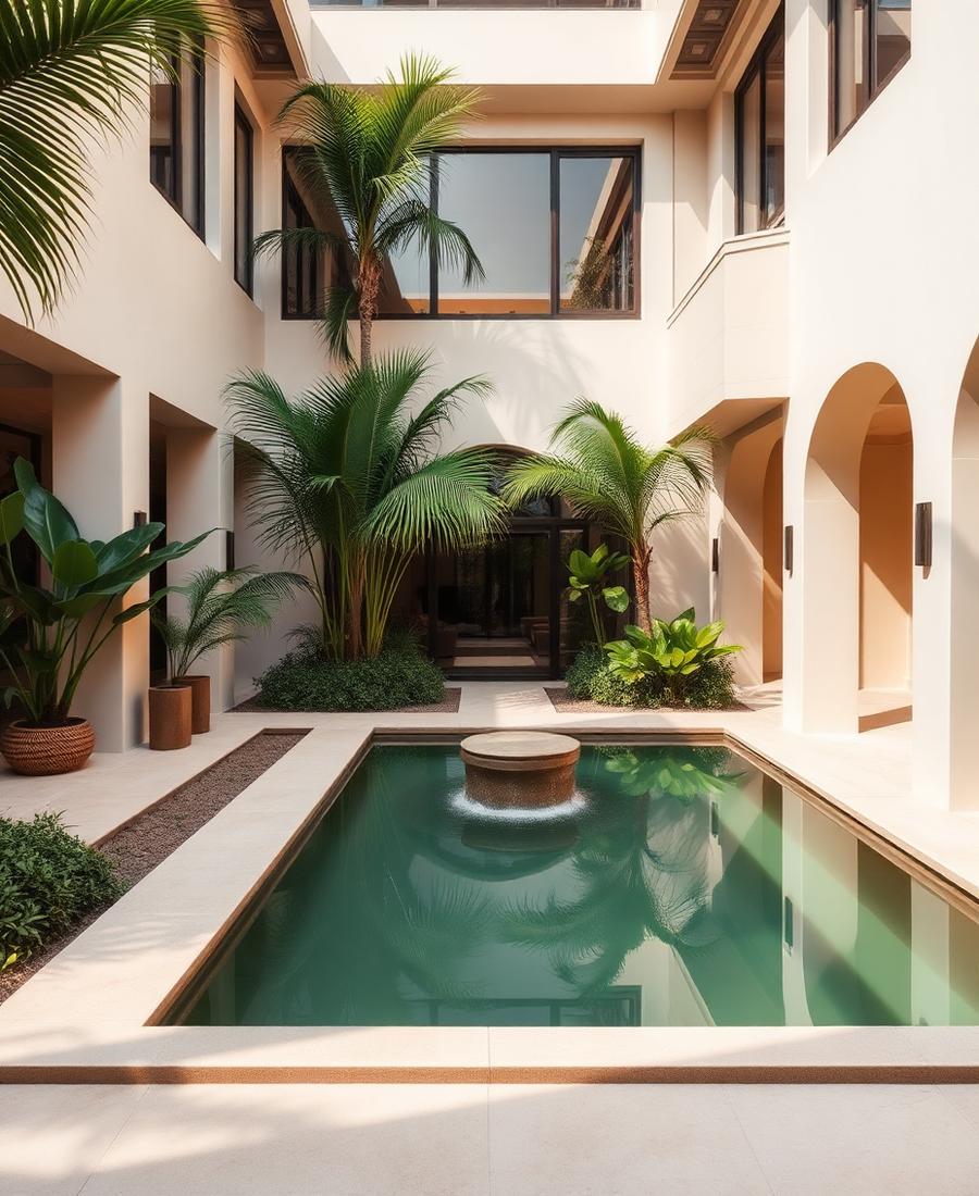 A planted courtyard with a reflecting pool