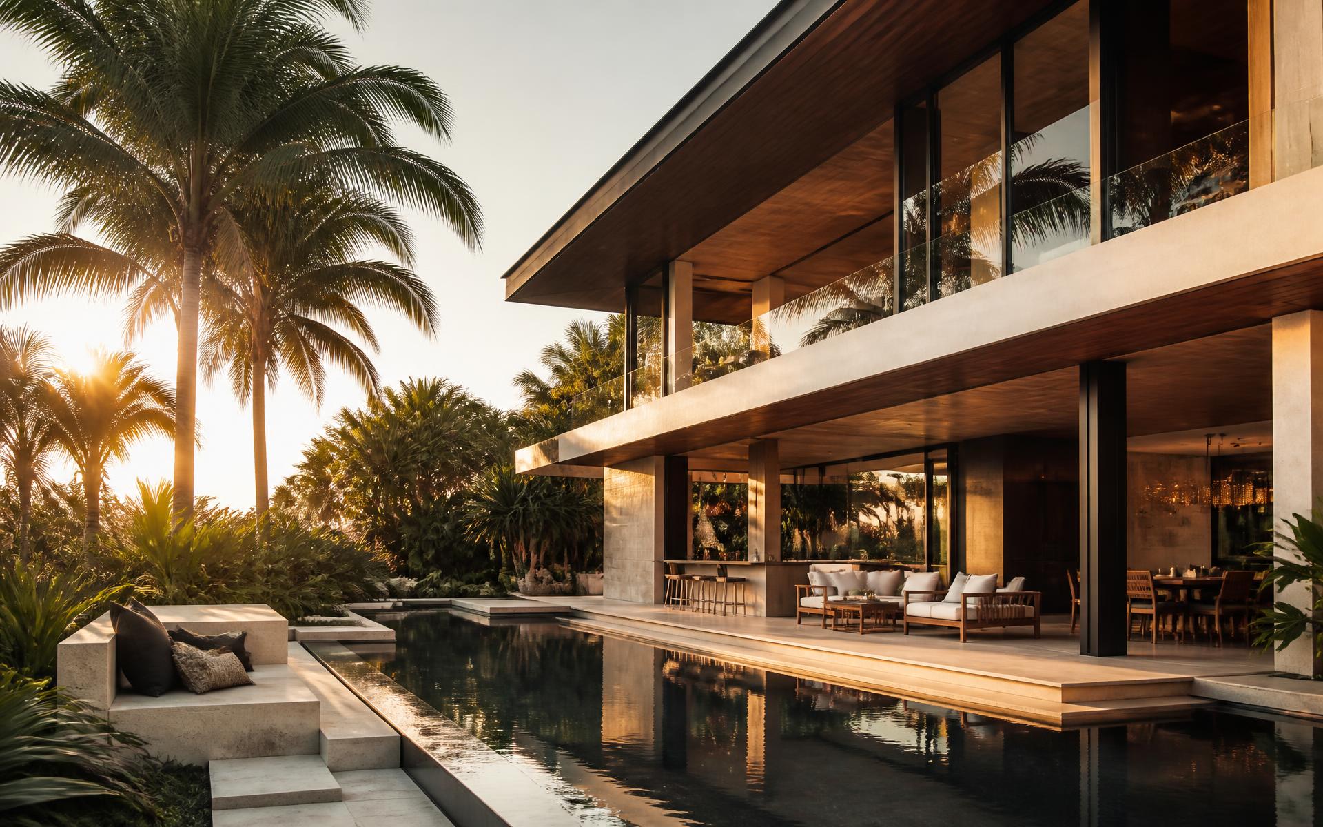 A contemporary villa at golden hour with a reflecting pool and palms